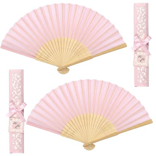2 stycken vikbar solfjäder med presentask, kinesisk handsolfjäder, orientalisk tygsolfjäder, bröllopsolfjädrar lämpliga för sommarfester, bröllopspresenter, dansföreställningar (rosa)