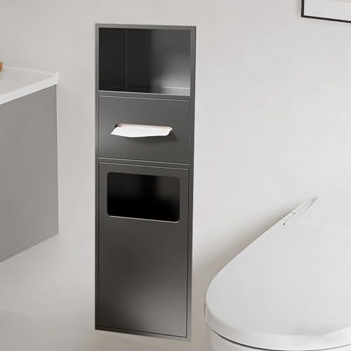 ZJKXJH Nicchia Doccia in Acciaio Inox, Nicchia Da Bagno Impermeabile Ad Incasso con Cestino E Portarotolo, Armadietto Nascosto per La Pattumiera(Gray)