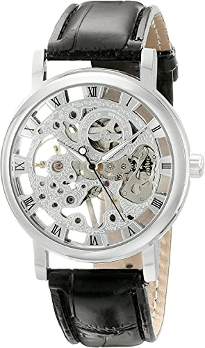 ShoppeWatch Mekanisk klocka för män | Skelettklocka för män med exponerade växlar | Uppvridbar armbandsur svart läderband MW-07, SILVER, Skelettklocka, mekanisk