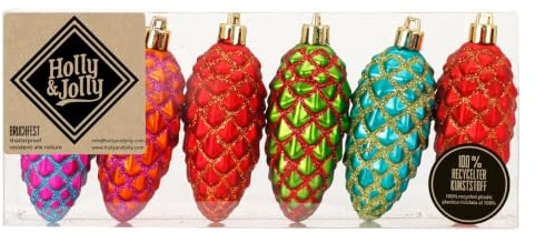 MAGIC 6 Kunststoff Zapfen 9cm Kunststoff bruchfest Christbaumkugeln Dekokugeln Weihnachtskugeln Baumkugeln Baumschmuck Set Mille-Fiori (bunt)