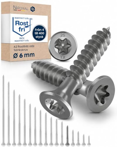 Träskruv Rostfritt Stål A2 Försänkt Huvud Torx TX25 – Delgängad – 6x40 mm – 50 st – Universalskruv för Trä