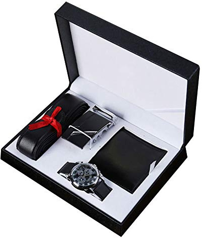 SADA72 Mens Cuero Artificial Cuarzo Analógico Reloj de pulsera Cinturón Cartera Set de regalo (negro)