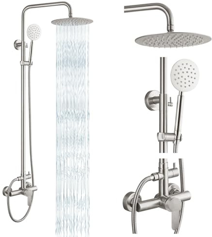 gotonovo SUS304 Outdoor Shower Fixture High Pressure Shower System Combo Wall Mount 2 Dual Function Shower Faucet Set Round Handheld Spray Brushed Nickel Single Handle