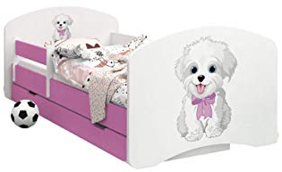 Happy Babies - Dubbelsidig rosa barnsäng med skola. Modern design med säkra kanter och fallskydd skummadrass 7 cm (19:e hund med båge, 190 x 90)