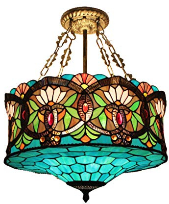 GDLight Baroque Green Stained Glass Pendant Lights Tiffany Style Island Pendant Lamp 18 Inch Pastoral Handmade Hanging Lights for Bedroom Dining Room Living Room Cafe Bar,B