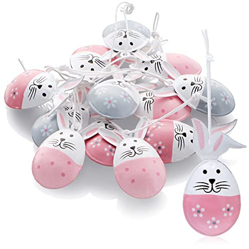 COM-FOUR® 12x Percha Decorativa de Pascua - Conejito de Pascua en Forma de Huevo de Metal - Decoración de Pascua para Colgar en arbustos - Huevos Deco (Gris + Rosa)
