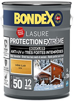 BONDEX - Lasure Bois Protection Extrême - Anti-UV/Humidité - Haute Résistance - Séchage Rapide - 5L - Chêne Clair