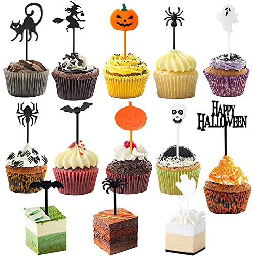 MEZHEN Tortendeko Halloween Cupcake Topper Kuchendeko Kürbis Deko Kuchen Happy Halloween Cake Topper Spinne Fledermaus Ghost Partydekoration Muffin Kuchendekoration 52 Stück