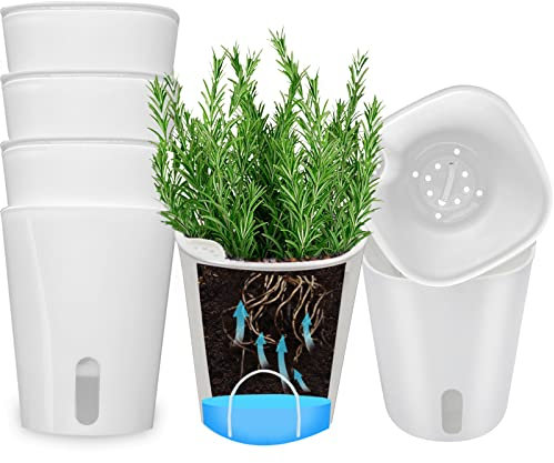 SYITCUN 5er-Set Kräutertopf mit Bewässerungssystem,12.5cm Orchideentopf Selbstbewässernder Topf mit Dochtsystem und Wasserstandsanzeige für den Innenbereich,Töpfe für Kräutergarten Küche