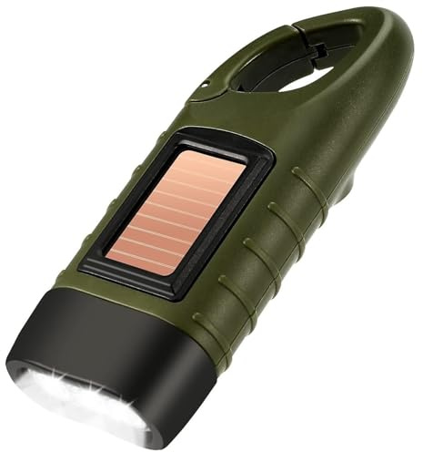 Uadme Taschenlampe Kurbel Solar, Tragbare LED‑Notfallleuchte mit Karabiner, IPX3 Wasserfest, Energiesparende Dynamo Taschenlampe für Camping, Outdoor‑ & Katastrophenvorbereitungen