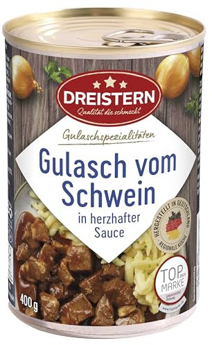 DREISTERN Schweinegulasch 400g I Mit pikanter Sauce I Herzhaftes Fertiggericht in recyclebarer Konservendose I Lange Haltbarkeit dank natürlicher Konservierung I Hausmacher Qualität