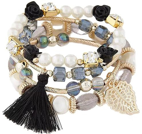 Carufin Crystal multilayer pärlarmband temperament tofs elasticitet armband handtillbehör smycken för kvinnor och flickor (svart)