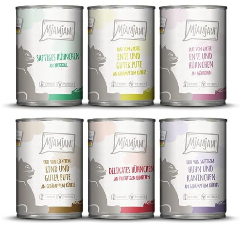 MjAMjAM - Cibo umido premium per gatti - Pacchetto misto 6 per il tuo gatto, confezione da 6 (6 x 400 g), senza cereali con carne extra