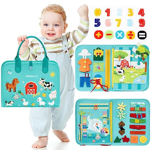 hahaland Montessori Busy Board,Interaktives Lernspielzeug und Motorikspielzeug für Kinder mit 15 Aktivitäten, Activity Board für Reise Autofahrt Flugzeug, ideales Busy Book Geschenk Jungen Mädchen