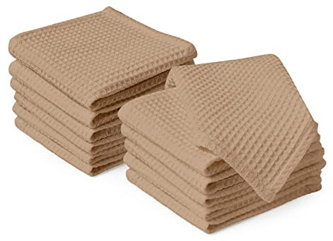 Encasa XO Küchenhandtücher und Waschlappen aus Baumwolle | Beige | Waffel- und Flachgewebe-Geschirrtuch | Geschirrtuch-Set | 30x30 cm | Wiederverwendbar und schnell trocknend 12er-Satz