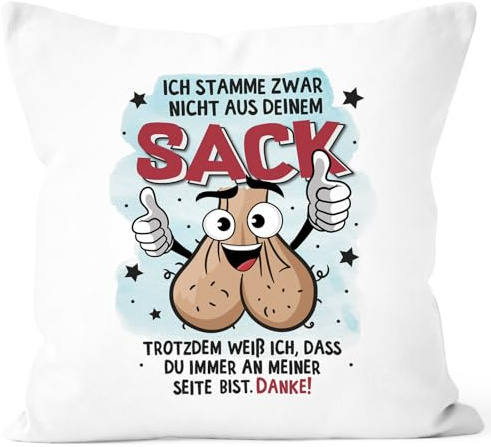 MoonWorks® Kissen-Bezug Geschenk für Bonus-Papa zum Vatertag Spruch lustig Stiefvater Ich stamme zwar Nicht aus deinem Sack Weiss Standard