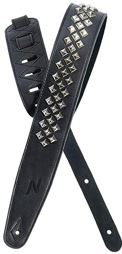 Nefelibata Vollnarbenleder-Gitarrengurt mit Schaumstoffpolsterung mit quadratischen Diamant-Silbernieten für E-, Akustik- und Bassgitarren(2,5 breit, Carbon schwarz)