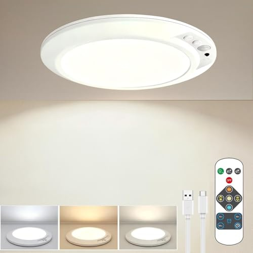 Rechargeable Motion Sensor Light with Remote, 7.5inch 400LM Magnetic Wireless Ceiling/Wall Lights,Battery Powered Ceiling Lights Indoor, Pir Light for Shed Loft Stairs Garage Hallway (3 Color)