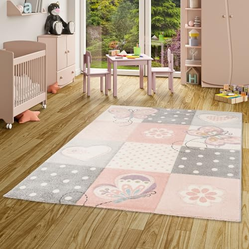 Pergamon Kinderteppich KInderzimmer, Spielteppich für Mädchen und Jungs Kurzflor und Pflegeleicht mit Tiermotiven, Sterne und Herzen