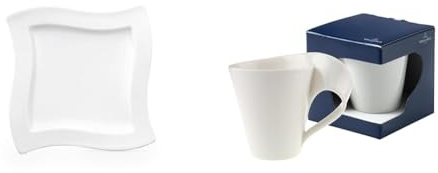 Villeroy & Boch – New Wave Frühstücksteller, Eckiger Teller & NewWave Caffè | Tasse mit Henkel | 300 ml | Premium Porzellan | Spülmaschinen-, mikrowellengeeignet | Weiß.