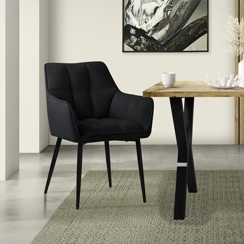 ML-Design Esszimmerstühle aus Frotteestoff, Schwarz, Küchenstuhl dickem gepolsterter Sitz & Metallbeinen, Wohnzimmerstuhl mit Rücken- und Armlehnen, Polsterstuhl, Ergonomischer Loungesessel Sessel