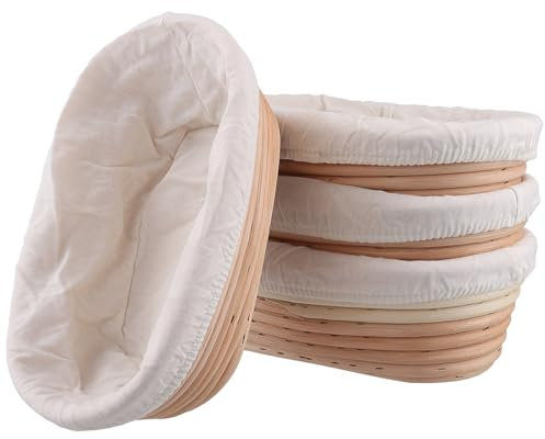 SINJEUN 4 cestini ovali per lievitazione del pane con fodera, 25 x 15 x 8 cm, cestini per lievitazione del pane in rattan, per lievitazione dell'impasto