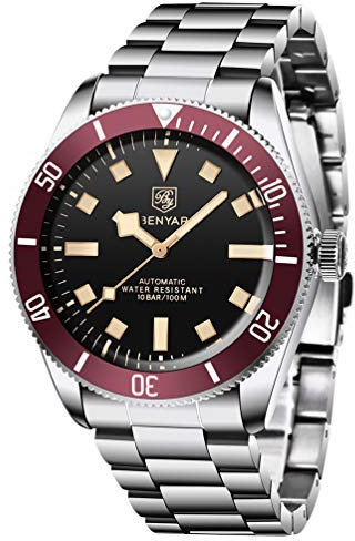 BENYAR 5179 Herren Automatik Mechanische Uhr Drehbar Aluminium Lünette Edelstahlband Wasserdicht Leuchtend Casual Selbstaufzug Wrsitwatches, rot, Klassisch