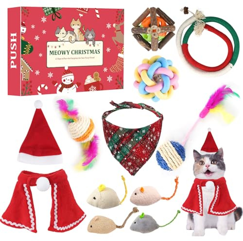 ANOTION Chat Calendrier de l'avent 2025, Calendrier à rebours de Noël Chat avec Divers Jouets pour Chatons, Jouets interactifs à la Menthe pour Chats, Cadeaux de Noël pour Les Amoureux des Chats