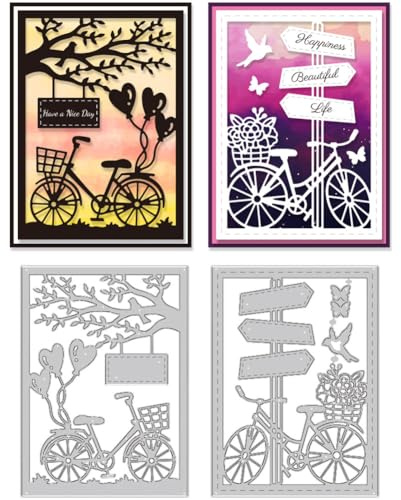 DELORIGIN Fahrrad Szene Stanzformen Kartenherstellung Liebe Stanzschablone | Kohlenstoffstahl Stanzschablone, Rahmen Hintergrund Scrapbookingk Prägeschablonen für Handwerk Fotoalbum Prägen Einladung