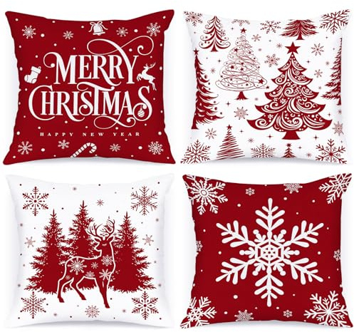 Lanpn 60 x 60 cm 4 Stück Kissenbezug Weihnachten, 60x00 cm Weihnachtsbäume Kissenbezüge Weihnachtsdeko, Rot deko Weihnachtsbäume Zierkissenbezug, Winter Kissenhülle Dekoration für Sofa Bed Couch