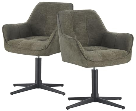 DUBI Möbel Esszimmerstühle Thomas-KIRA 2er Set – Drehbar mit Federkernpolsterung & Auto-Rückstellung, Armlehnen, Metallgestell Schwarz, Stoff Grün, Modern Industrial Design