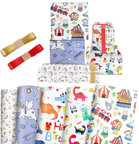 5 Piezas Papel para Niños, Papel de Regalo Cumpleaños con Cinta, Animales para Fiesta Boda DIY