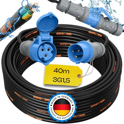 maxgo Camping Stromkabel 40m Wohnwagen Kabel Wohnmobil CEE Stecker TITANEX Verlängerungskabel 3 Polig 3x1,5 Campingkabel 40 Meter Strom Verlängerung H07RN-F Outdoor Mennekes