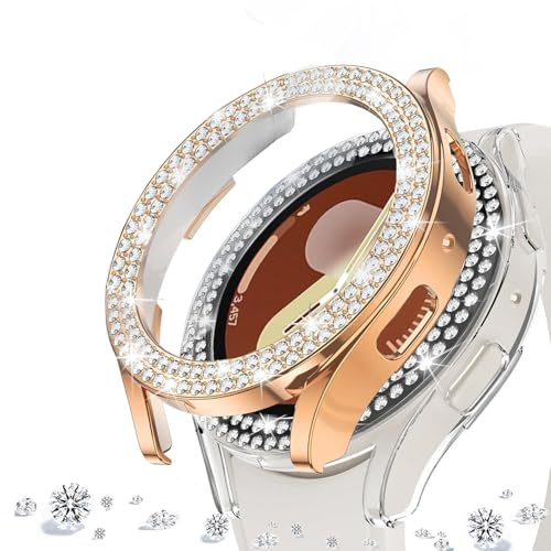 DEALELE [2-pack] klockfodral kompatibelt med Samsung Galaxy Watch 7 44 mm, glitter dubbelrad strass diamant skyddande fodral klockskydd ersättningsfodral, 44 mm, roséguld + transparent
