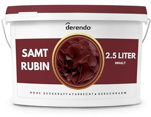 derendo Wandfarbe Rot Samt Rubin hohe Deckkraft Innenfarbe matt 2,5l | Für Wände, Decken, Putz, Tapete Altanstriche, hohe Deckkraft, geruchsarm, tropfgehemmt einfache Anwendung hohe Ergiebigkeit