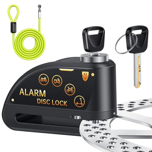 YBLNTEK Lucchetto a disco per moto, con allarme, 120 dB, ricaricabile, USB, con cavo promemoria, 1,8 m, antifurto per moto, bicicletta e scooter, nero