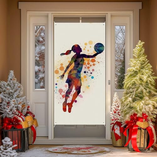 Welcome Door Cover Decoration Basketball Pattern Door Cover Banner Door Hanging Banner Porch Sign Hanging Banner Background Banner for Front Door Wall Windows