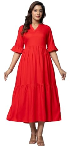 Vi VIHAAN IMPEX Maxi Dress for Women Tiered Rayon Casual V-Neck Bell Sleeves (UK, Alpha, M, Regular, Regular, Red)