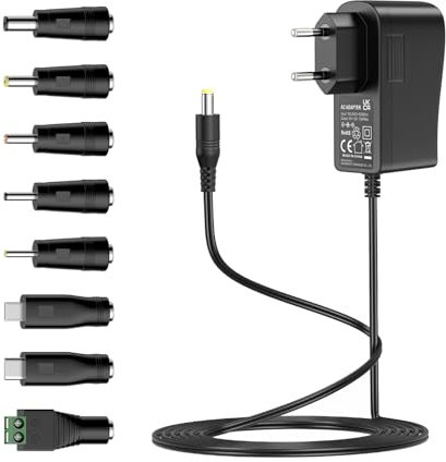Alimentatore da 5 V 2 A, alimentatore di rete 5 V AC DC trasformatore con 8 connettori DC per elettronica da 5 V come tablet, telefono USB HUB CCTV, 2000 mA max.
