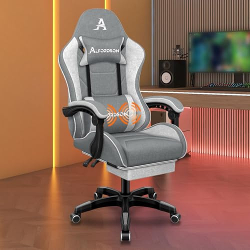 ALFORDSON Sedia Gaming Massaggiante, Sedia Gamer con Poggiapiedi Telescopico, Poltrona Ergonomica da Ufficio con Cuscino Lombare & Poggiatesta Regolabili, Regolabile 90-150°, Tessuto(Grigia splicing)