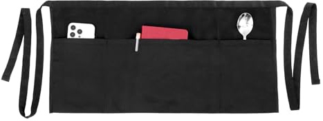 Kellnerschürze, Schürze Schwarz Professionelle Servierschürze mit 3 Taschen | Elastische Bindegurte aus Polyester für Restaurant Café und Hotelwäsche(Schwarz)