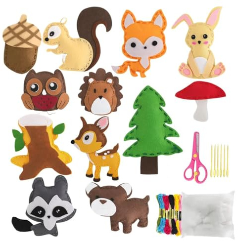 Horolas 12 Stück Nähset Kinder, DIY Tierformen Filz nähset ab 5 Jahre, Filz Bastelset Waldtiere, Waldtiere Bastelset, Nähset für Kinder DIY Art Craft für kuscheltiere Handwerker Set für