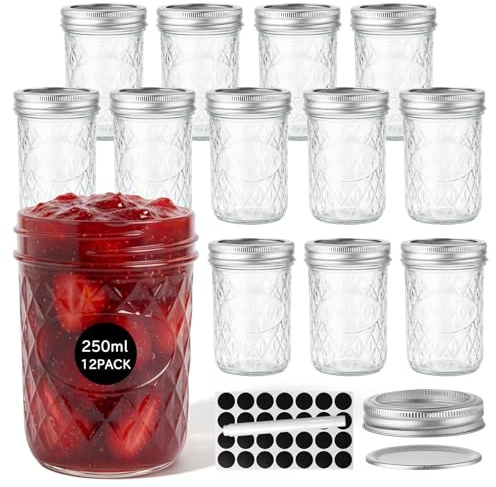 OAMCEG 12 Stück Einmachgläser mit Deckel, Marmeladengläser 250ml,Mason Jar