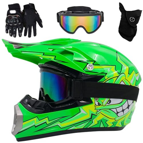 Cascos de Motocross para JóVenes Y NiñOs, Casco de Motocross para Adultos con Gafas, Guantes Y MáScara, para NiñOs Y NiñAs de 5 A 14 AñOs, Cuatrimoto, Aprobado por El Dot(B Green Day,L(56-57cm))