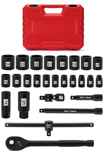 Mayouko 26 PCS 3/8 Drive Shallow Impact Socket Set, 6-24mm, 6-Point, with Universal Joint Socket, Extension Bar, Ratchet Wrench and Spark Plug