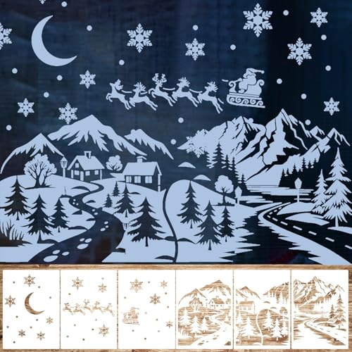 Leinuosen 6 Pcs Large Christmas Window Stencils 16.54 x 11.81 Inches Village Template Reusable Craft for Drawing Painting Spraying Window Glass Door Xmas Snowflake DIY Decoration