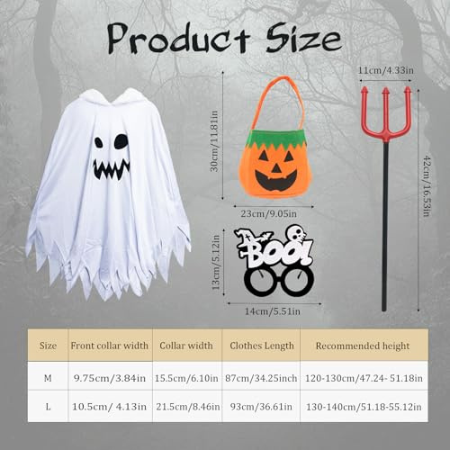 Celebration Directre 4PCS Halloween Ghost Costume for Kids, Glow in the Dark White Ghost Cloak Scary Ghost Face Cape with Hat Pumpkin Candy Bag Skeleton Glasses for Girls Boys Halloween Fancy Dress
