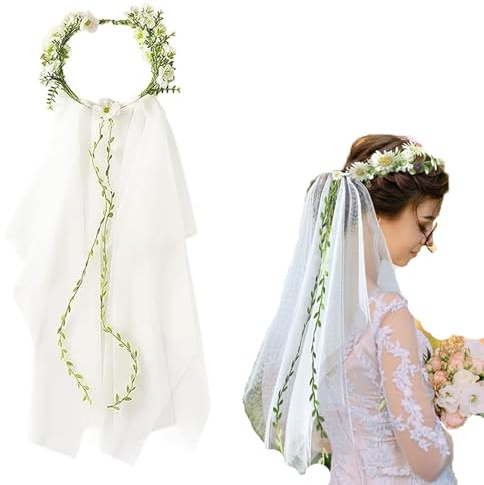 CJAPGJW Schleier Braut, Ein zweifarbiger Hochzeitsschleier und Blumenkranz,Blumenkranz Haare, Elegant Für Hochzeit Und Festivals, Schleier Jga, 86cm Länge, 25cm Breite
