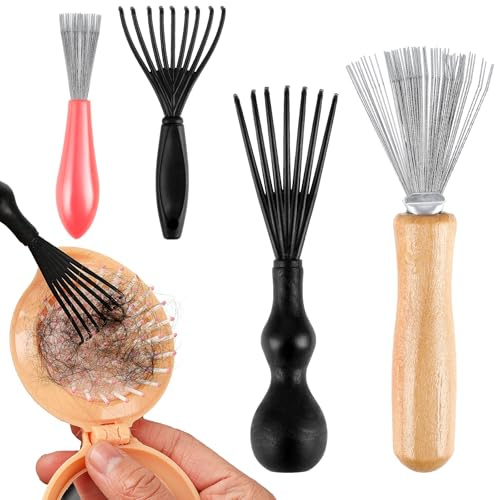 WJIAAA 4 Pcs Hair Brush Cleaner Tool Set,Hairbrush cleaner with Rake Design Metal Wire Comb Remover Mini Instrument Hairstylist Essentials Wooden Handle for Home Salon Removing Hairs Dust Dirt Lint