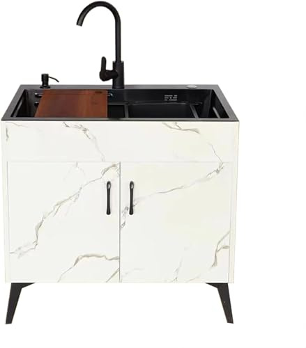 Lavello di Utilità Bianco Lavello Autoportante Commerciale con unità di Sgocciolamento E Rubinetto per Tubo dell'Acqua Fredda E Calda per Garage Interno All'aperto L, Round Faucet, 75X45X78CM